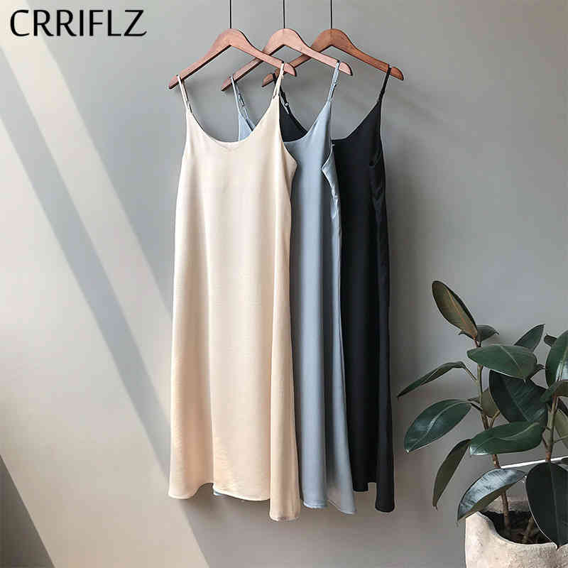 

Spring Summer Women Tank Dress Casual Satin Camisole Elastic Female Home Beach es V-neck Camis Sexy CRRIFLZ 210520, Apricot