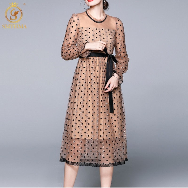 

Women Spring Elegant Mesh Dot Patchwork Dress High Quality Party Robe Femme Vintage Designer Runway Vestidos 210520, Photo color