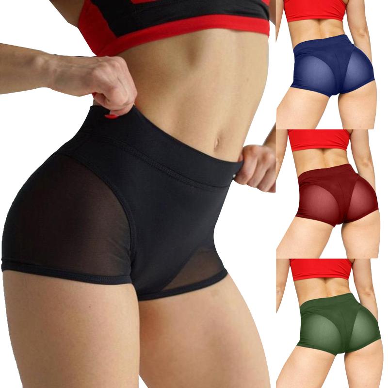 

Yoga Outfit Women High Waist Elastic Waistband See-through Mesh Patchwork Stretchy Sport Shorts For Gym Dance