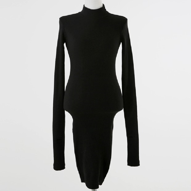 

2021winter womens dress knitting tshirt skinnly bodycon cotton long sleeve girls t shirt autumn t shirt long fitting dress, Black;gray