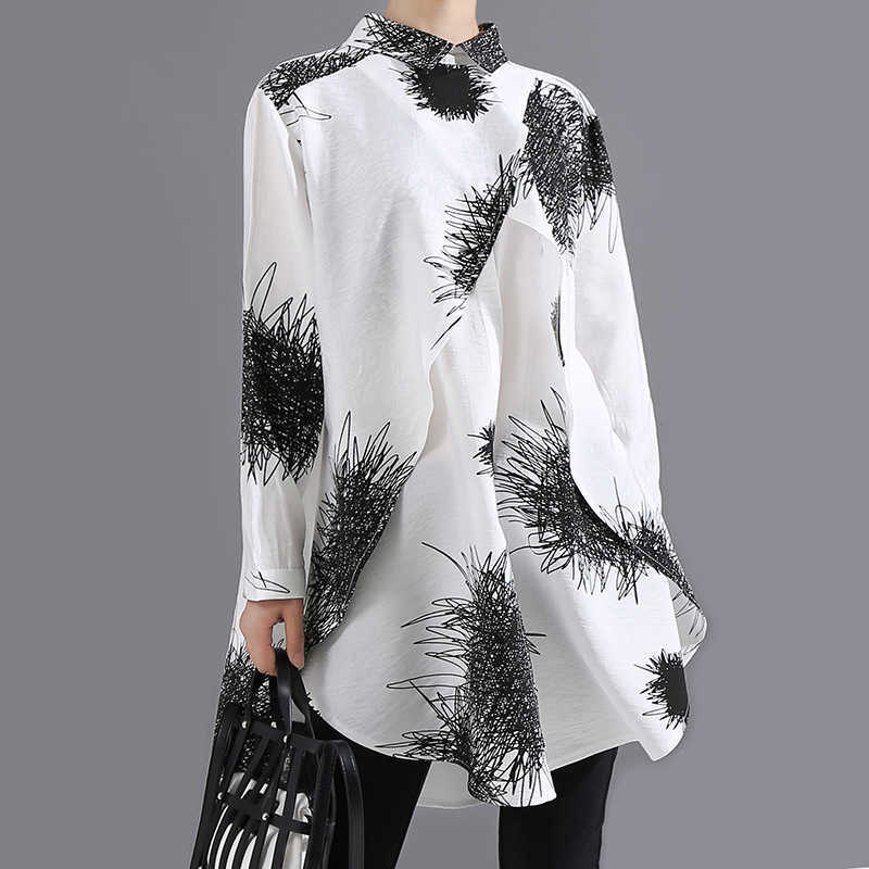 

Spring Streetwear Plus Size Loose Women's Top Abstract Print Shirts 210615, White long sleeves