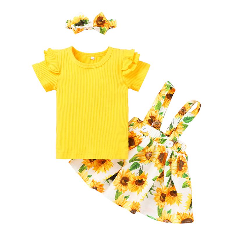 

Clothing Sets Toddler Baby Flower Printing Three-pieces Set, Infant Girl's Short Sleeve Tops + Suspender Skirt Headband Set, As pic