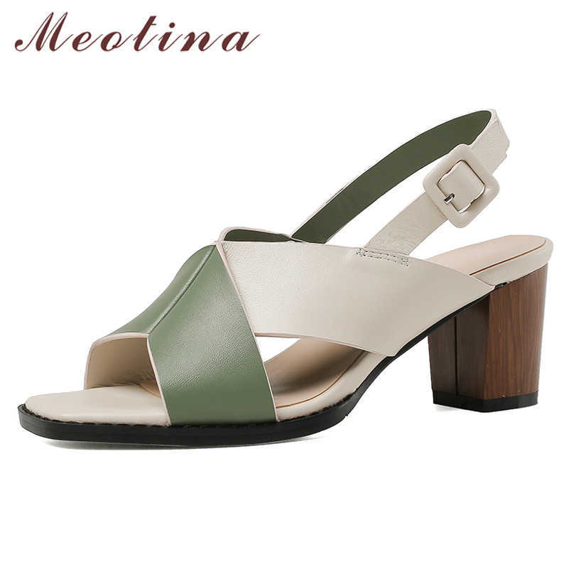

Meotina Women Shoes Summer Sandals Natural Genuine Leather Thick High Heel Shoes Mixed Colors Buckle Sandals Lady Big Size 34-42 210608, Brown