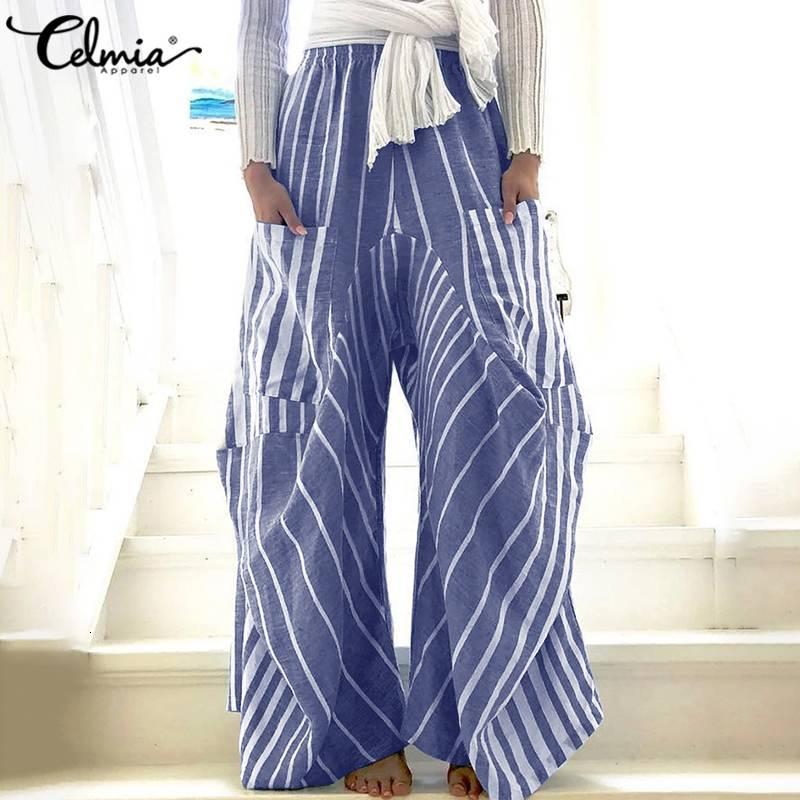 

Women's Pants & Capris Women Asymmetrical Striped Trousers Celmia 2021 Fashion Autumn High Elastic Waist Pants Female Pockets Cas, Black