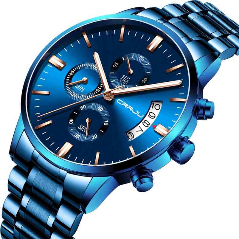 

CRRJU Top Brand Luxury Blue Sport Watch for Men Rose Gold Waterproof Watches Stainless Steel Strap Relogio Masculino 210608, Black blue gold