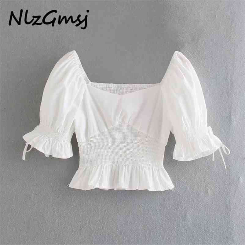 

Blouse Women Elastic Tether Solid Crop Shirt Summer Short Sleeve Chic Female Slim Tops Blusas 05 210628, As picture