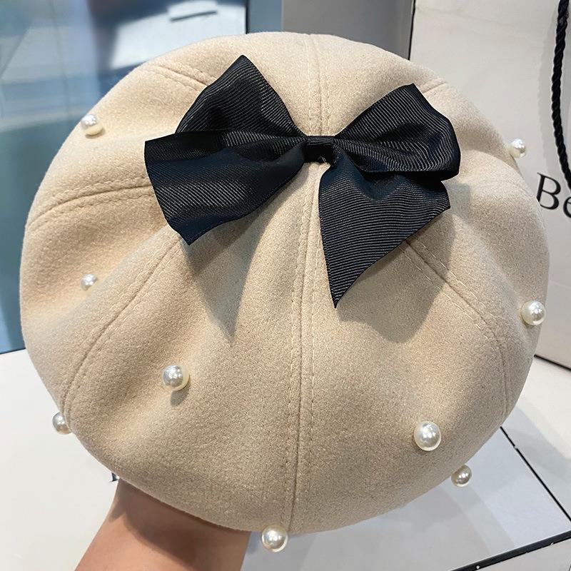 

Berets 2021 Winter Hat Bow-tie Wool Beret Bonnet Female French Warm Pearl Caps For Women Beading Ski Boina Painter Gorras, Black