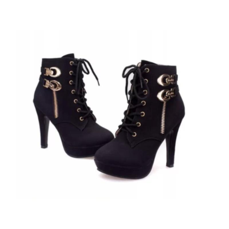 

Boots Plus Size Ankle Women Platform High Heels Female Lace Up Shoes Woman Buckle Short Boot Casual Ladies Footwear Drop Ship, Black