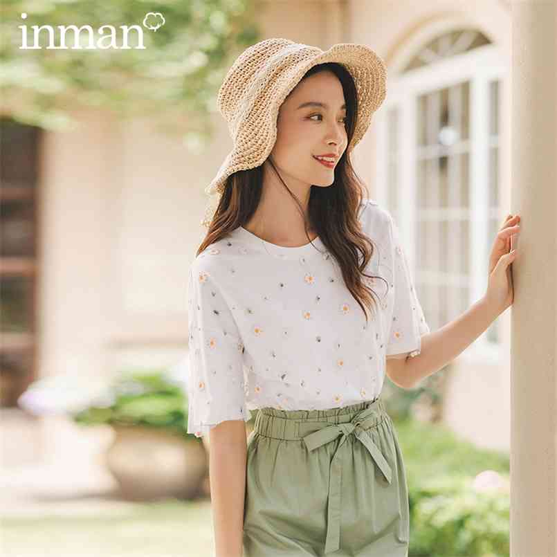 

INAMN Summer Prairie Chic Embroidered O-Neck Loose Cotton All-Match Literary Short Sleeve T-Shirt 210708, White