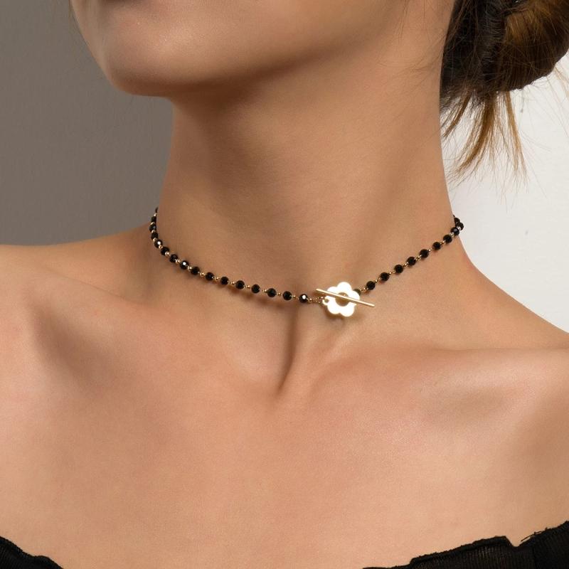 

Chokers 2021 Fashion Luxury Black Crystal Glass Bead Chain Choker Necklace For Women Flower Lariat Lock Collar Gifts