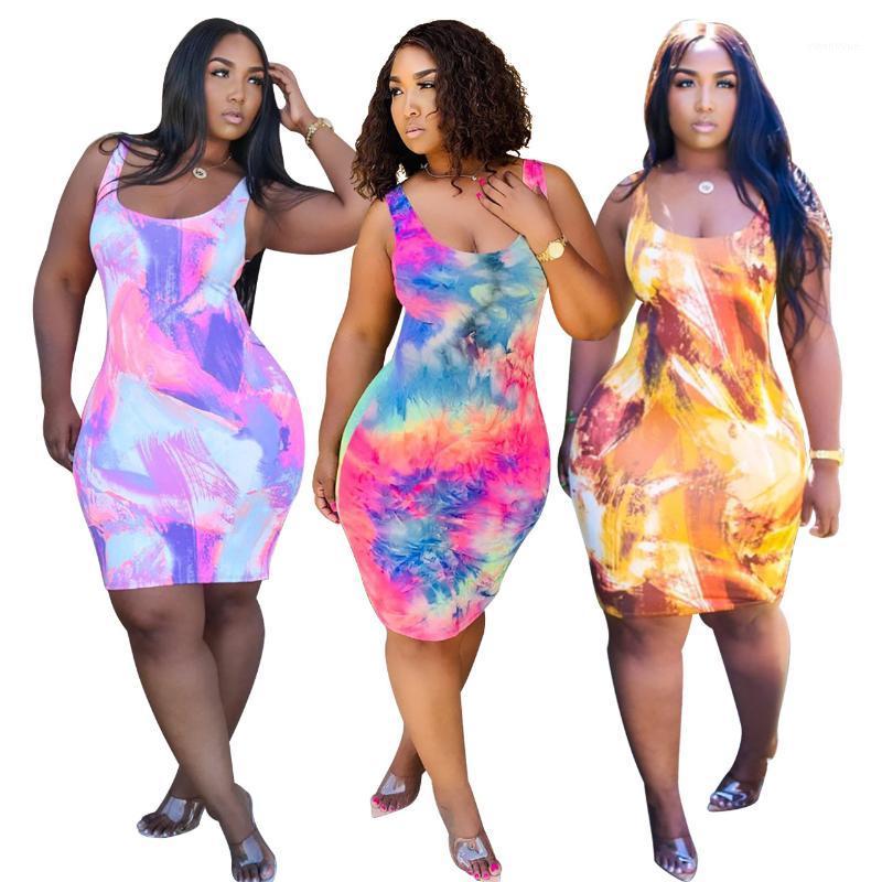 

Casual Dresses Cutubly Tank Midi Dress Tie Dye Galaxy Print Summer For Women 2021 Elegant O-Neck Sexy Sleeveless Club Bodycon, Yellow brown