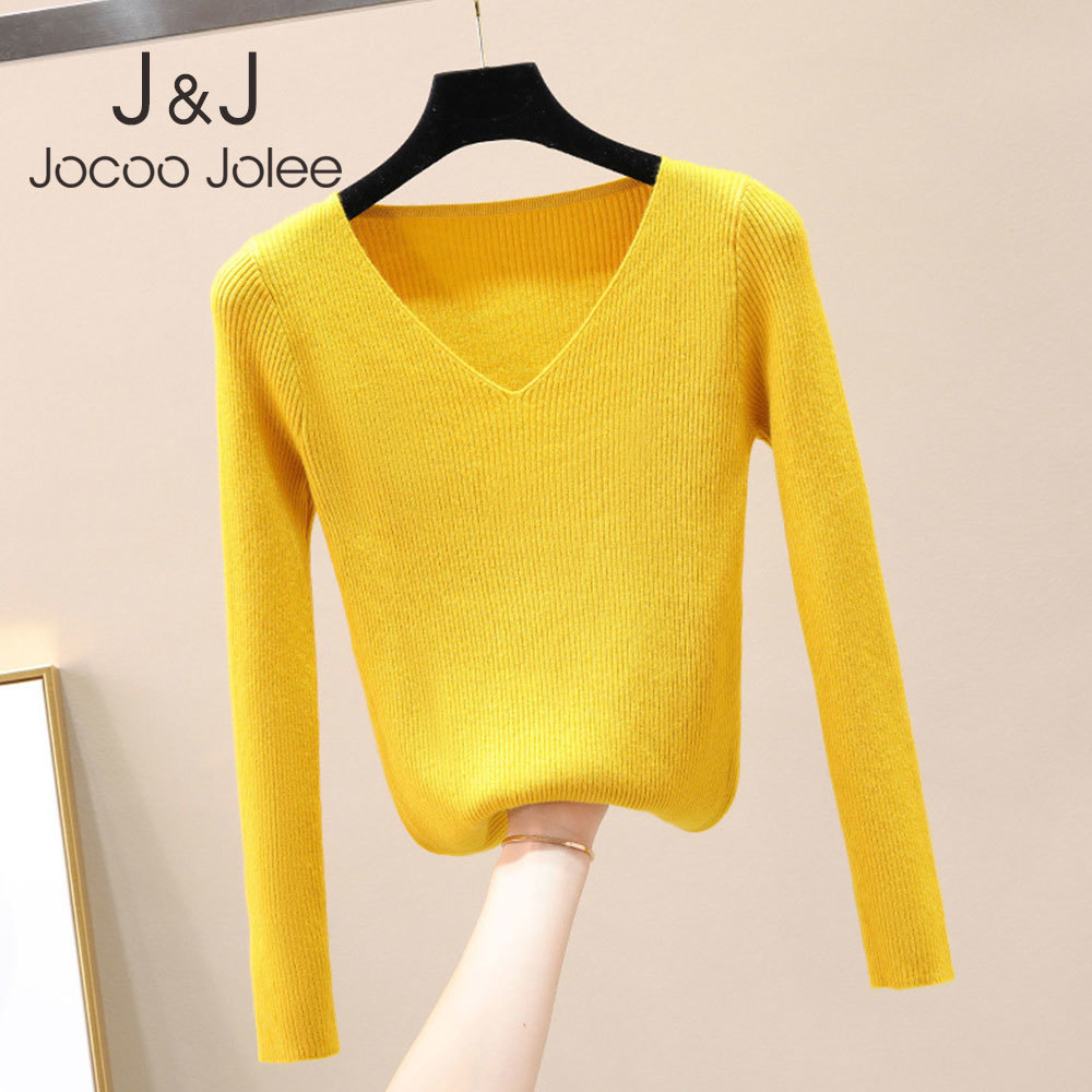 

Jocoo Jolee Women Winter Long Sleeve Knitted Sweaters Korean V Neck Slim Jumpers Casual Pullover Solid All-match Slim Base Tops 210518, As photo