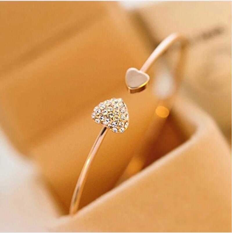 

Hot New Fashion Adjustable Crystal Double Heart Bow Bracelet Korean Rose Gold Crystal Ladies and Girls Bracelet Jewelry Gift Q0719