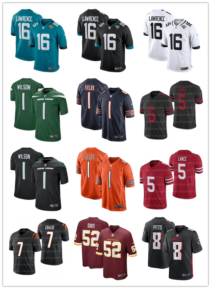 

2021 Draft Jersey 16 Trevor Lawrence 5 Trey Lance 1 Zach Wilson 7 Ja'Marr Chase 1 Justin Fields 52 Jamin Davis 8 Kyle Pitts Football Jerseys, Black;red