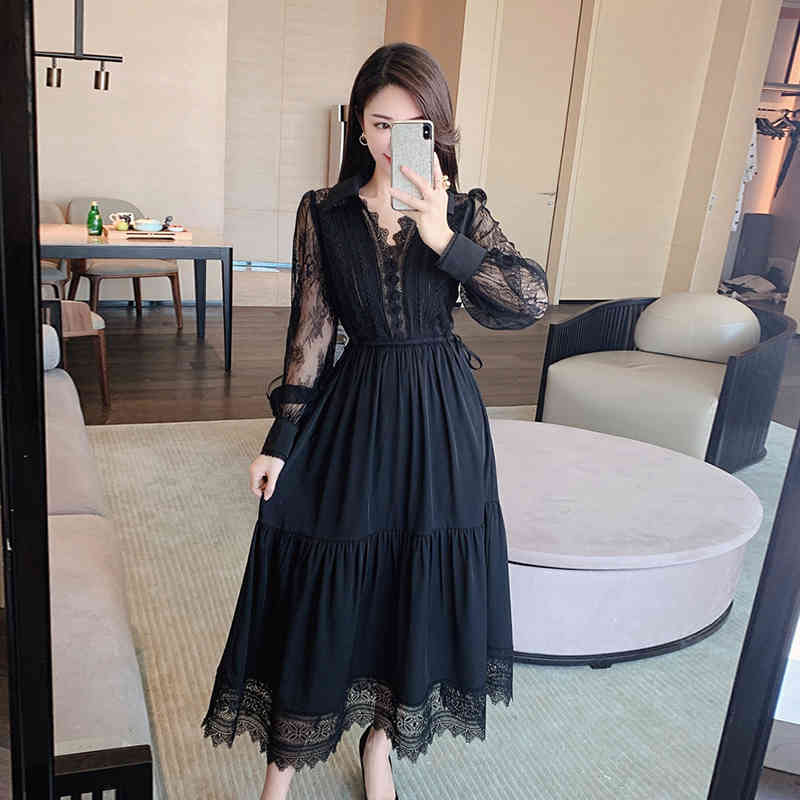 

Spring Classic Black Lace Dress Vestido Party for Women See-through Lantern sleeve Elastic A-line Long 210525