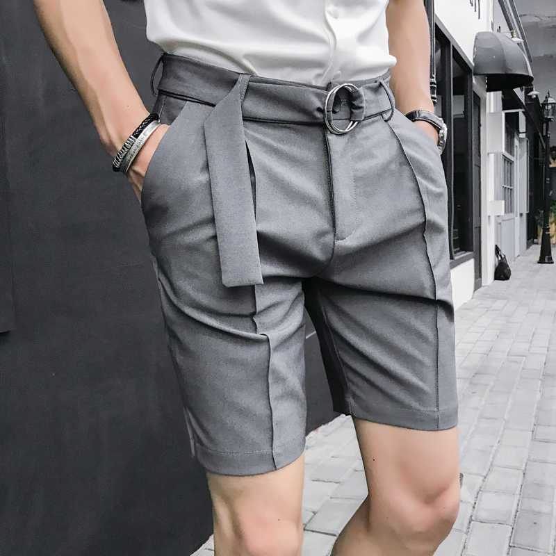 

Summer British Men's Pants Solid Color Business Dress Trousers Casual Slim Fit Suits Shorts Side Split Five-point Streetwear 210527, Gray