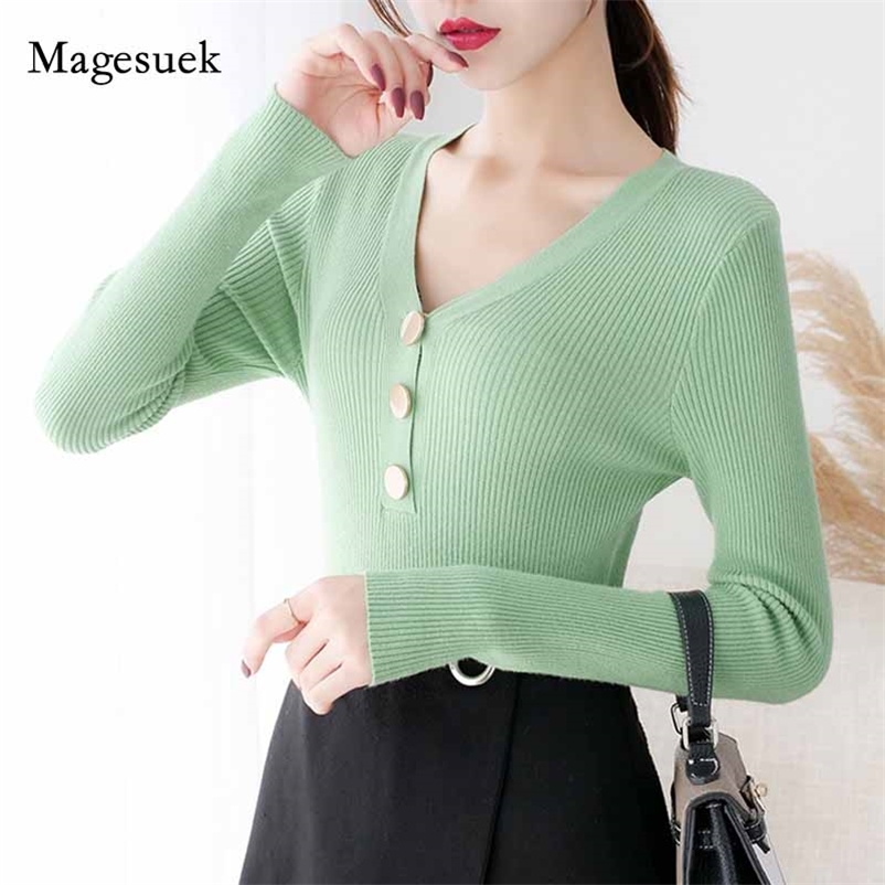 

Autumn and Winter Knitted V-neck Solid Korean Sweater Women Knitwear Long Sleeve Bottoming Pullover Slim Office Lady 10918 210518, Black