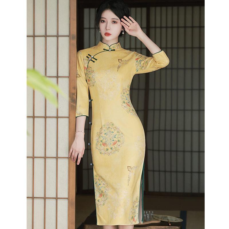 

Ethnic Clothing Yellow Vintage Fashion Qipao Style Women Chinese Dress Hanfu Traditional Slim Long Simple Female Elegant Cheongsam