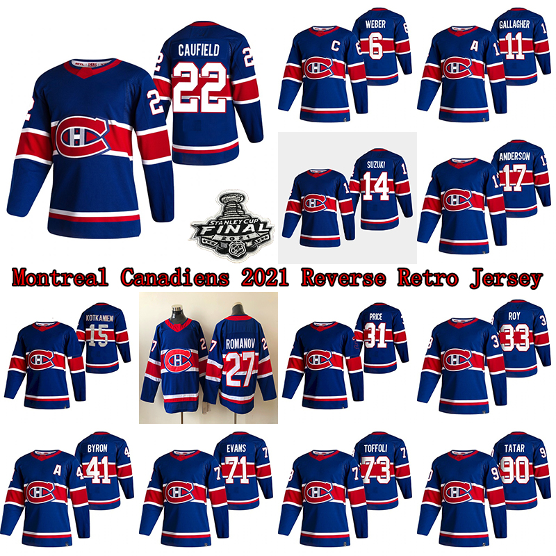 

Cole Caufield Montreal Canadiens Jersey Carey Price Staal Jesperi Kotkaniemi Allen Brendan Gallagher Gustafsson Roy Drouin Suzuki Perry Hockey, Blue reverse retro blank