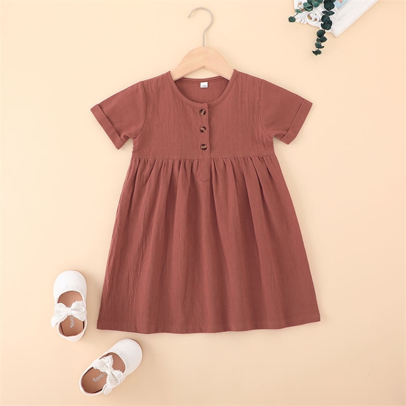 

Summer Girls Dress Short Sleeve Brick Red Solid Bodycon Cute School Style Cake Vestidos 18M-6T 210629