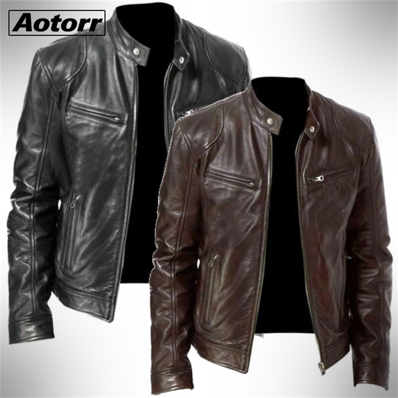 

Mens Fashion Leather Jacket Slim Fit Stand Collar PU Jacket Male Anti-wind Motorcycle Lapel Diagonal Zipper Jackets Men 5XL 211110, L7505brown