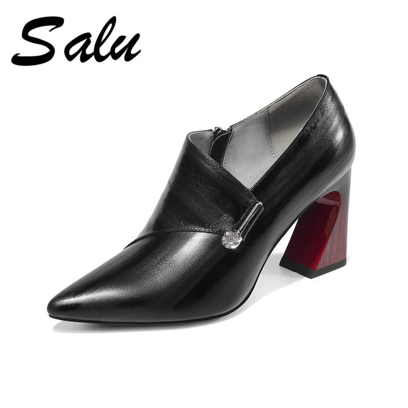 

Dress Shoes Salu 2021 Fashion Women Platform Pointed Toe Cow Genuine Leather All Match Strange Heel Casual Ladies Pumps, Black