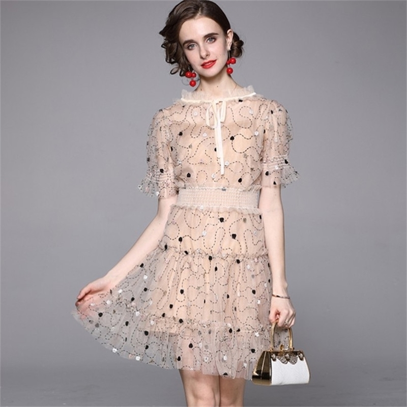 

Women Summer Fashion Runway Midi Dress Short Sleeve Sequined Embroidery Ladies Slim A-Line Dresses 210603, Picture color