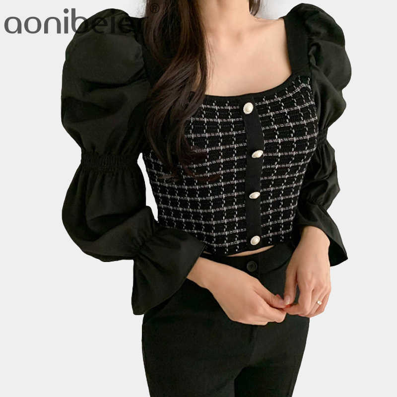 

Women Spring Autumn Blouse Shirts Vintage Puff Sleeve Checkered Plaid Patchwork Korean Lady Short Top Woutwear 210604, Black