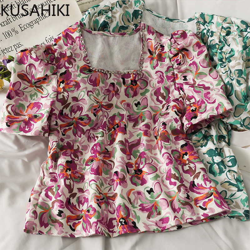 

KUSAHIKI Korean Diamonds Square Collar Womens Tops Floral Puff Sleeve Blouse Femme Summer Sweet Doll Shirt 6H731 210602, Blue