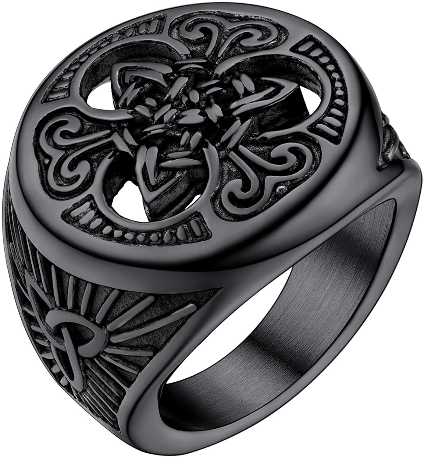 Men Vintage Ring Enamel Black Stainless Steel Viking Triquetra Celtic Knot Signet Ring, Silver/Black/Gold Color