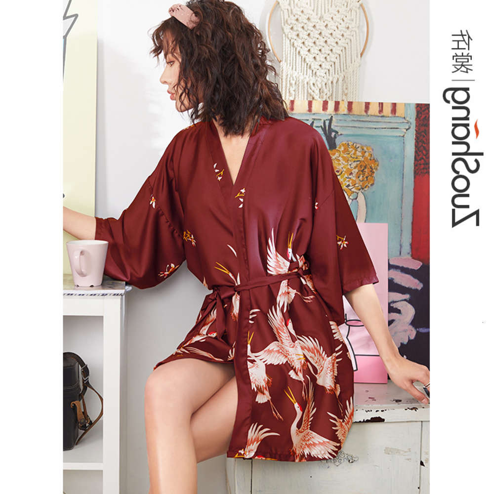 

Silk crane pajamas female Xia Bingsi red Bridesmaid Bridal robe morning bath