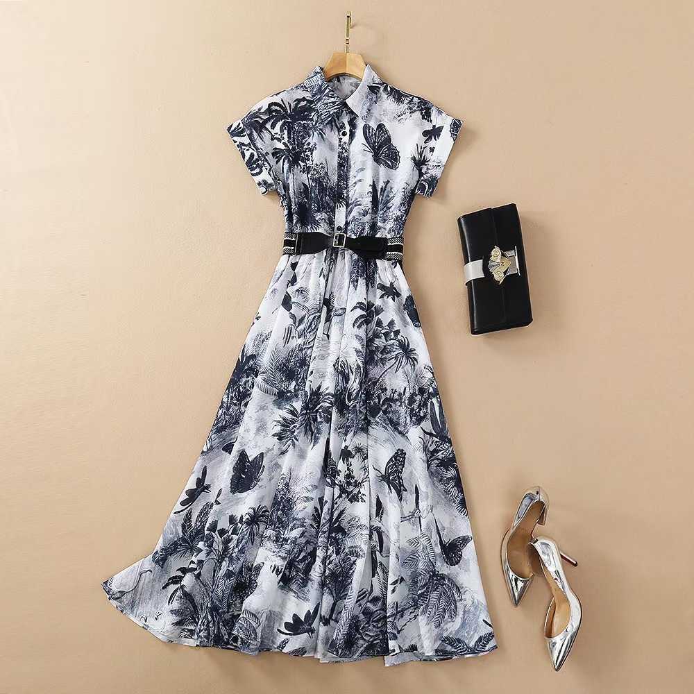

EXCELLENT QUALITY est Runway Designer Women' Fashion Lapel Short Sleeve Retro Jungle Ink Paiting Print Long Shirt Dress 210526, Mixed color