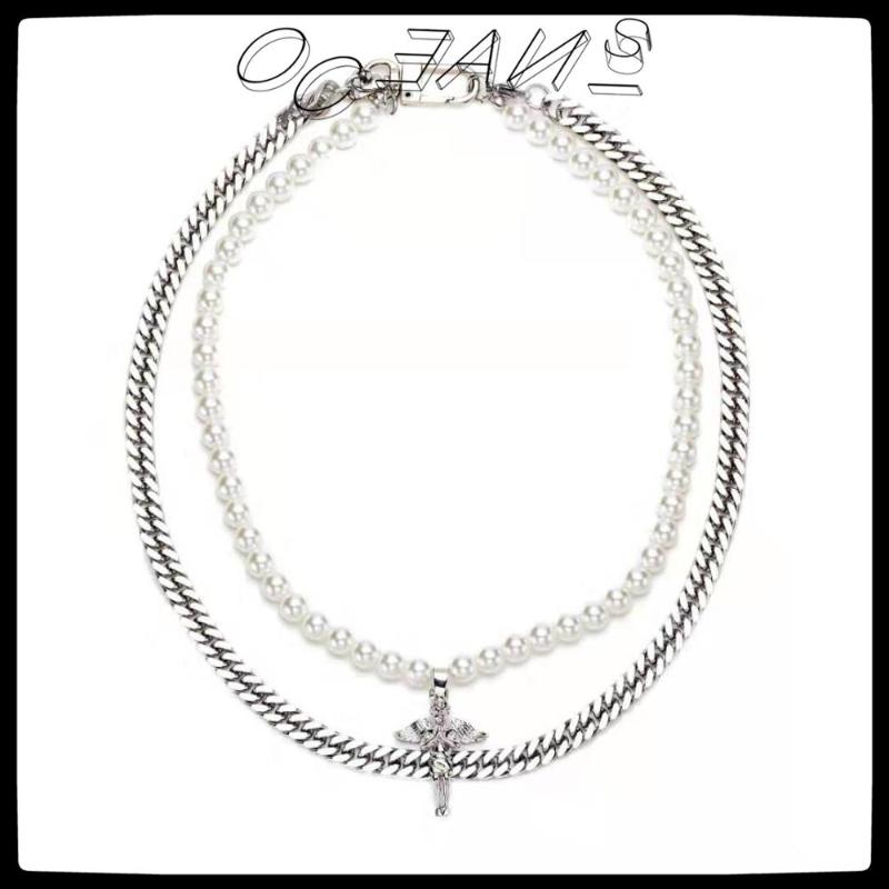 

SexMara 20FW Hip Hop Punk Titanium Steel Personality Angel Double Pendant Fashion Pearl Necklace For Men Women Girl Jewelry Chains