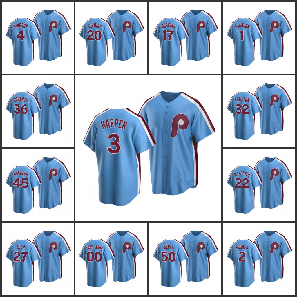 

Philadelphia' Phillies Men #3 Bryce' Harper 27 Aaron Nola 20 Mike Schmidt Women Youth Custom Cooperstown Collection Light Blue Road Jersey