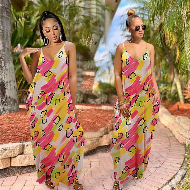 

holiday v neck camisole dress women summer irregular shape printed maxi dress 2020 ladies designer dresses, Black;gray