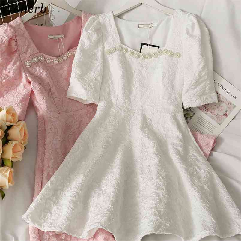 

Dress Women Summer Chic Beading Square Collar Puff Sleeve Sweet Vestidos Solid Mini Robe Korean Slim White Dresses 210519, Pink