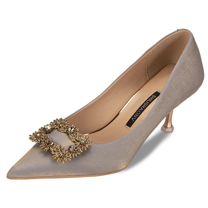 

Dress Shoes Women's 2021 Spring Pointed High Heeled Wine Cup With Small Satin Square Decorative Buckle Diamond, Black