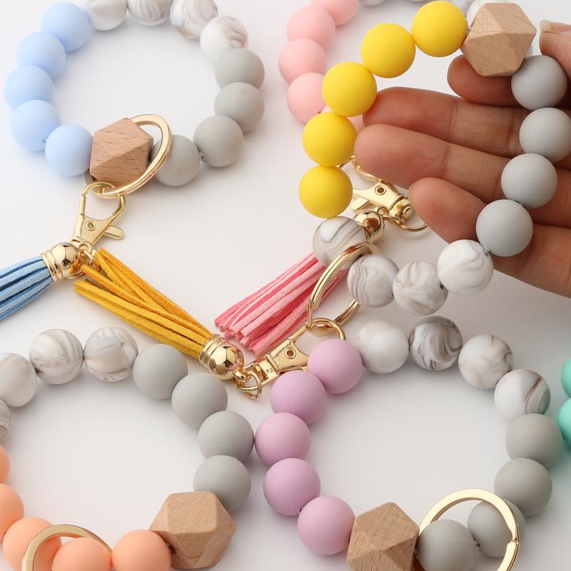 

Fashion Silicone Key Ring Bracelet Women Wooded Beaded Bangle Keychain Wristlet Tassel Car Keyrings 10 Styles, Slivery;golden