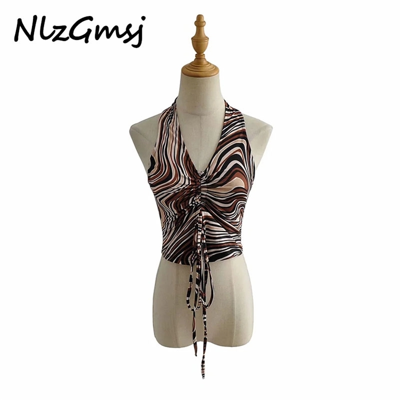 

Cami Summer Backless ole Halter Off Shoulder V Neck Sexy Print Slim Chic Tank Tops Female 06 210628, As picture