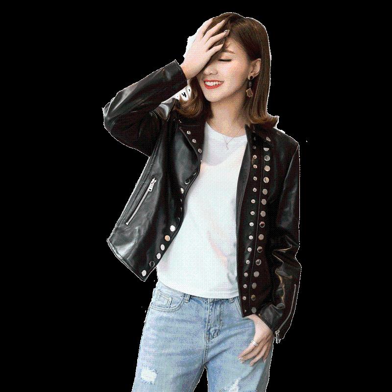 

Women's Leather & Faux Haining Fashion Short Shown Sheep Rivet Jacket, Black