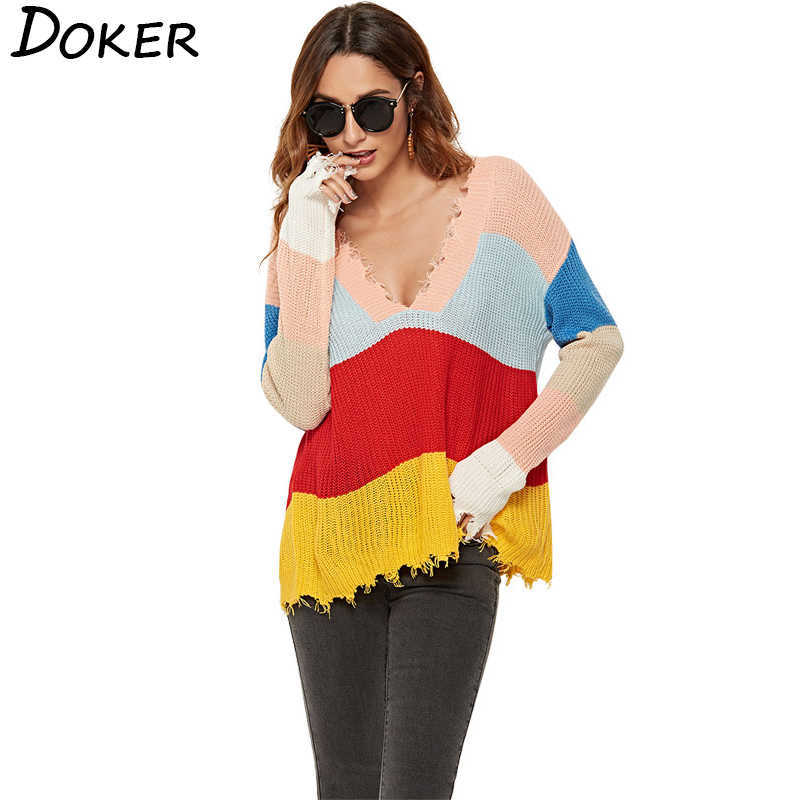 

Vintage Striped Pullover Sweater Autumn Deep V-neck Long Sleeve Loose Female Streetwear Knitted Tops 210604, Color 2