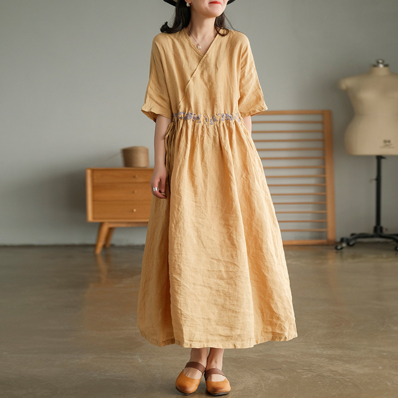 

Johnature Women Vintage Embroidery Floral Dresses V-Neck Short Sleeve Belt Summer Linen A-Line Female Loose Dress 210521, Pink