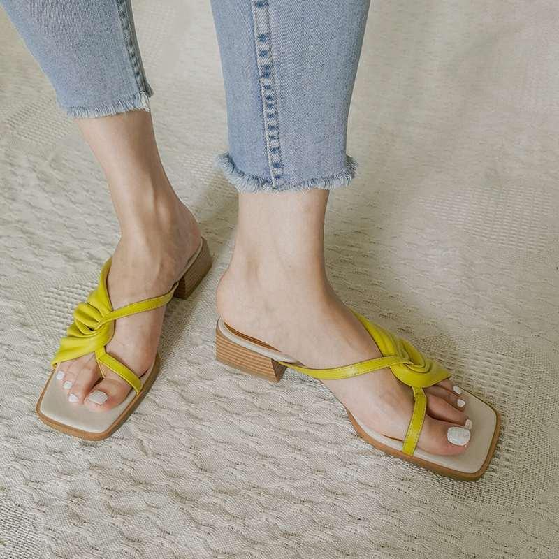 

Dress Shoes Full Grain Leather Flip-flop Med Heel Mixed Colors Vintage Young Lady Daily Wear Slip On Casual Sandals Women L11, Beige