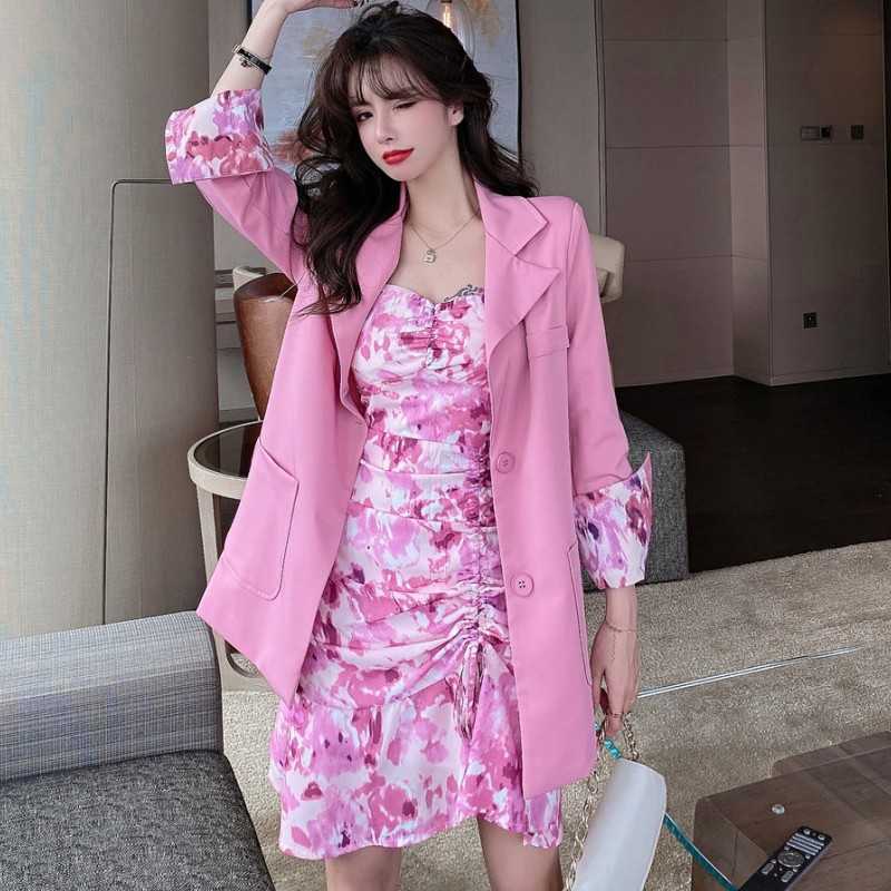 

Spring Women's Two Piece Set Elegant Casual Blazer Coat + Floral Chiffon Drawstring Sling Sexy Dress Suit 210526, Pink dress