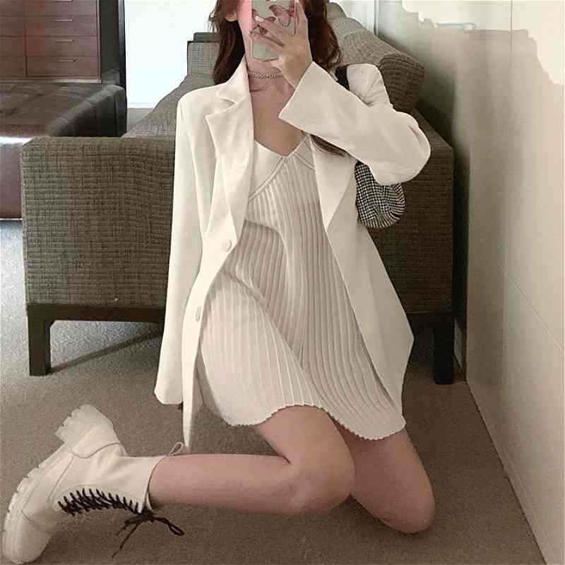 

2 Piece Set Women Autumn V-Neck Spaghetti Strap Mini Dress+Casual White Blazers Y2k Set Fashion Suit Party Korean Clothing 210409