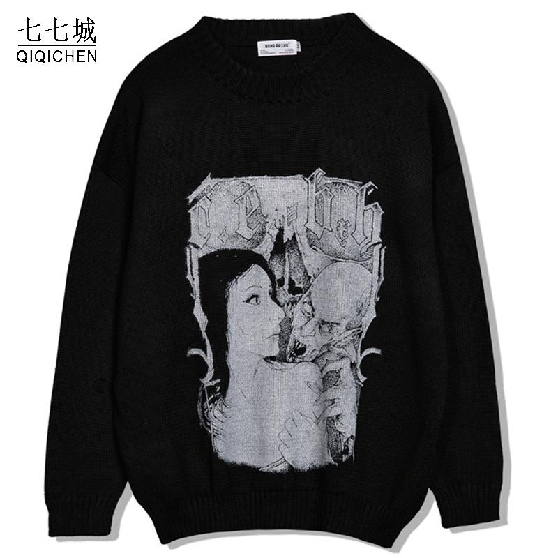 

Men's Sweaters Men Hip Hop Knitted Jumper Devil And Girl Print 2021 Streetwear Harajuku Autumn Oversize Casual Fashion Pullovers Women, White;black