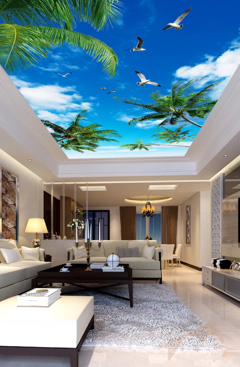 Custom wallpaper 3d photo mural coconut tree blue sky white clouds sea bird ceiling wallpaper papel de parede-image-717894936