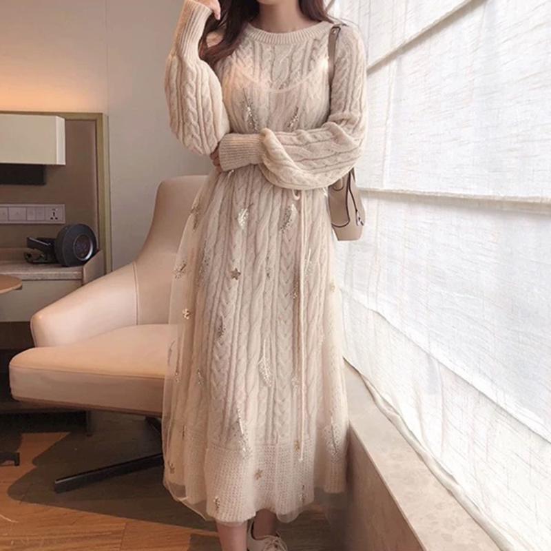 

Casual Dresses Two-piece Suit Autumn Winter Dress Designer French Retro Yamamoto Girls Korean Style Women Knitted Sweater Warm Vestido, Beige