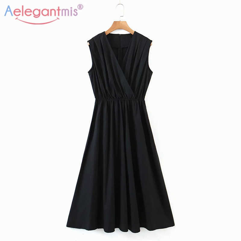 

Aelegantmis Black V Neck Cross Sleeveless Party Dresses Women Solid Elegant Empire Waist Dress Summer Simple Fashion Vestidos 210607