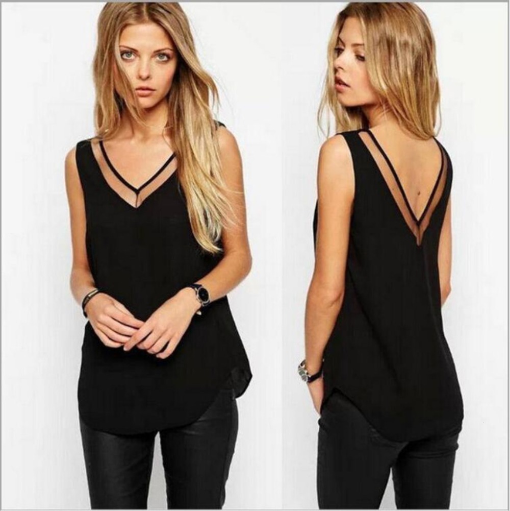

Women's T-Shirt Solid color V-neck gauze Stitching vest Chiffon shirt Female fashion Sexy Black Casual Woman, 2#